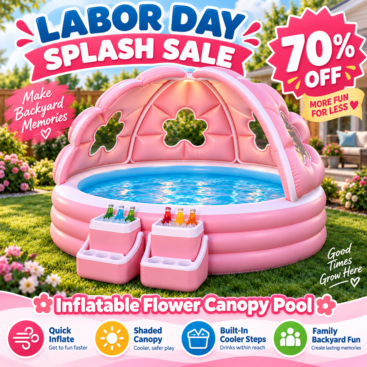 🌸 Inflatable Flower Canopy Pool 💦 – Family Backyard Pool with Shade Canopy & Drink Cooler Stations