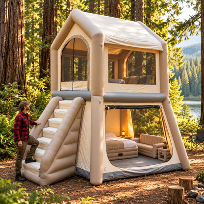 🏕️ 2-Story Inflatable Glamping House 🌲 – Dual-Level Camping Retreat with Stairway & Panoramic Mesh Windows