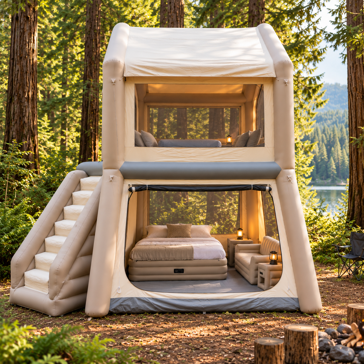 🏕️ 2-Story Inflatable Glamping House 🌲 – Dual-Level Camping Retreat with Stairway & Panoramic Mesh Windows