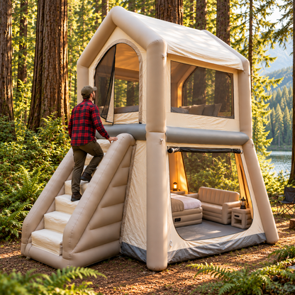 🏕️ 2-Story Inflatable Glamping House 🌲 – Dual-Level Camping Retreat with Stairway & Panoramic Mesh Windows