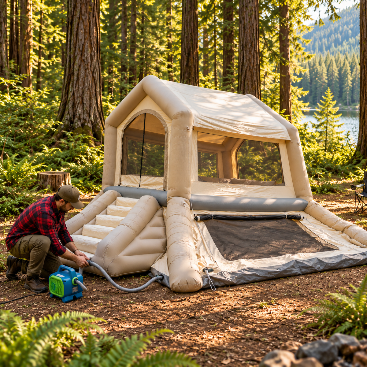 🏕️ 2-Story Inflatable Glamping House 🌲 – Dual-Level Camping Retreat with Stairway & Panoramic Mesh Windows