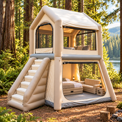 🏕️ 2-Story Inflatable Glamping House 🌲 – Dual-Level Camping Retreat with Stairway & Panoramic Mesh Windows