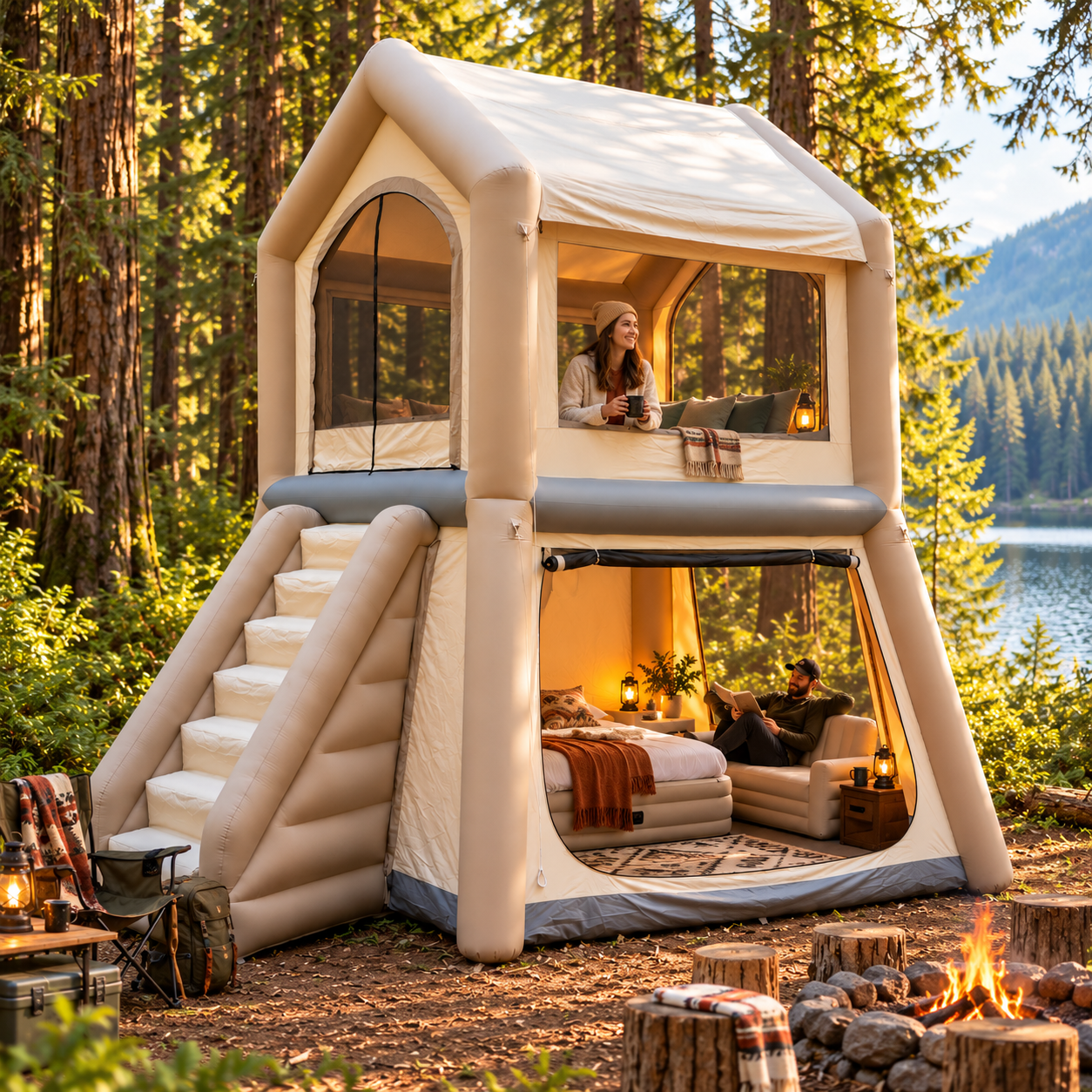🏕️ 2-Story Inflatable Glamping House 🌲 – Dual-Level Camping Retreat with Stairway & Panoramic Mesh Windows