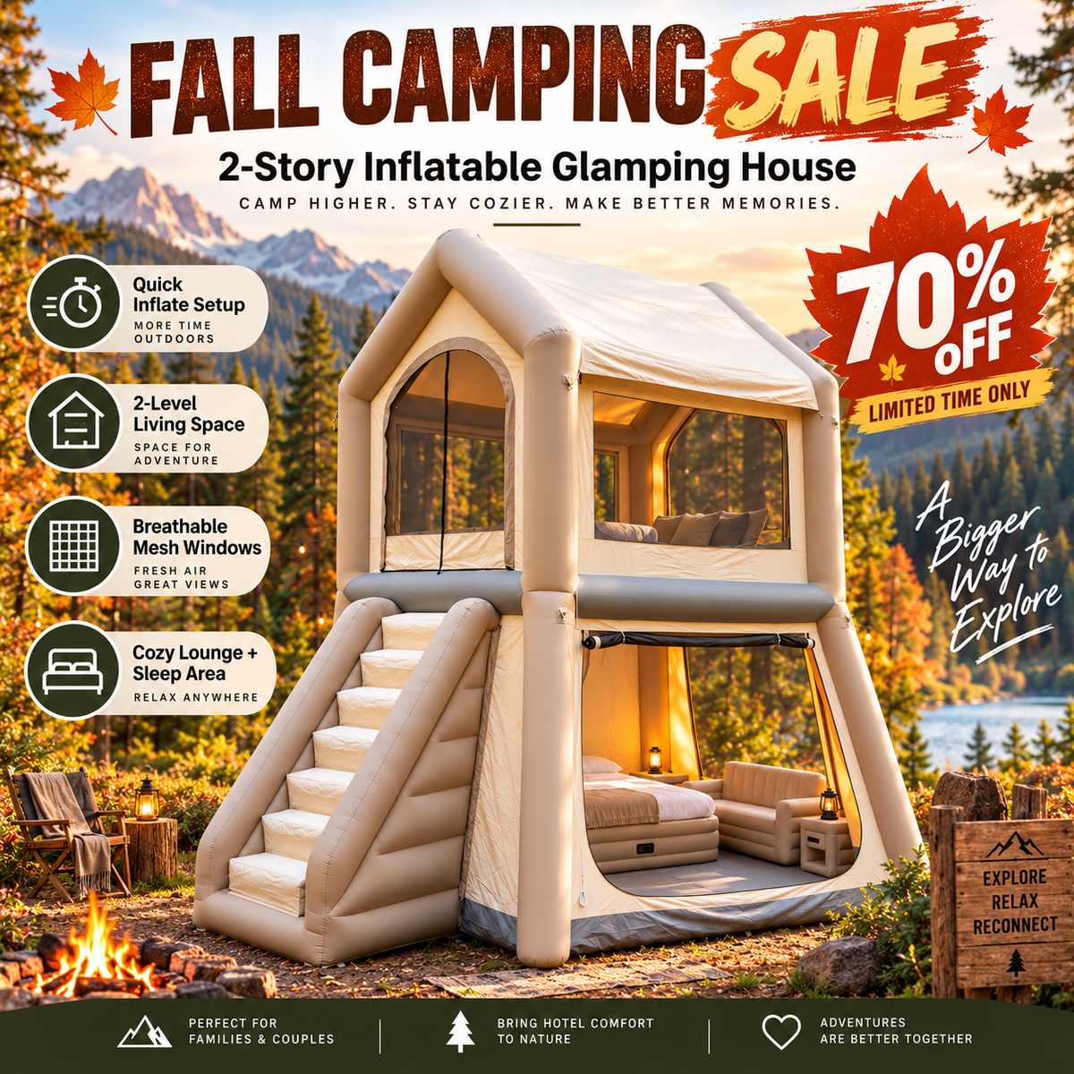 🏕️ 2-Story Inflatable Glamping House 🌲 – Dual-Level Camping Retreat with Stairway & Panoramic Mesh Windows