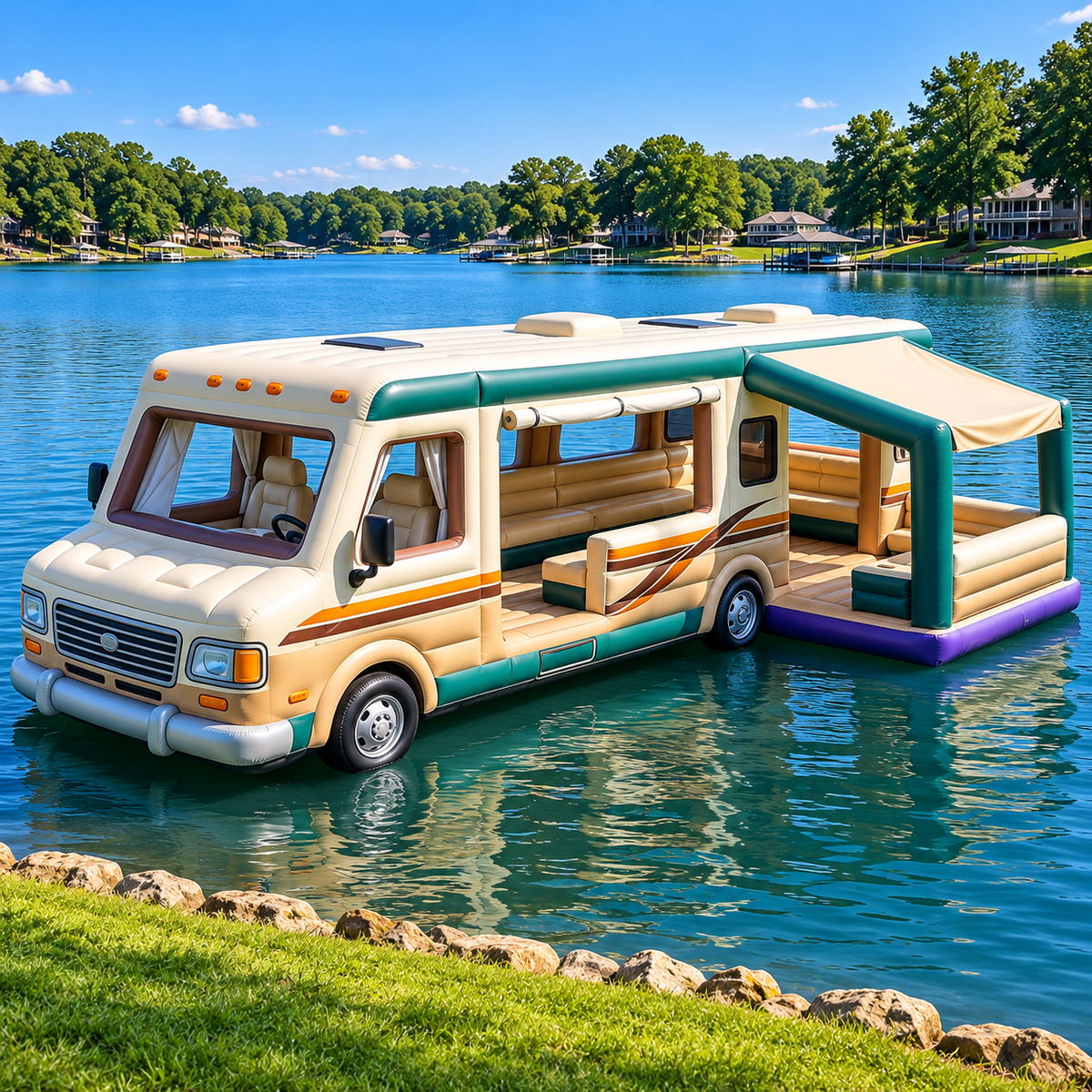 🚐🌊 Retro RV Inflatable Lake Float Lounge – Giant Floating Party & Relaxation Platform with Shaded Rear Deck ☀️