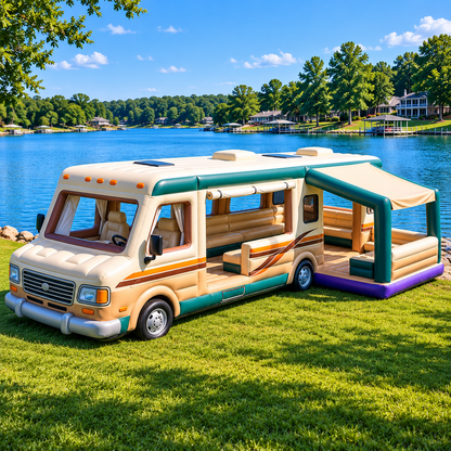 🚐🌊 Retro RV Inflatable Lake Float Lounge – Giant Floating Party & Relaxation Platform with Shaded Rear Deck ☀️