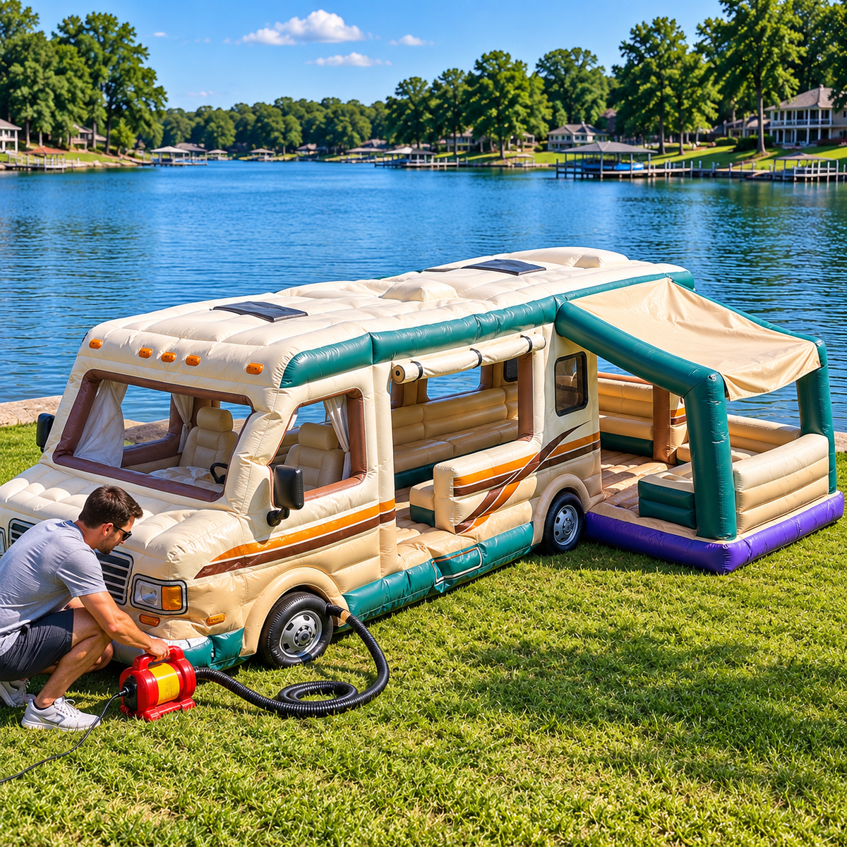 🚐🌊 Retro RV Inflatable Lake Float Lounge – Giant Floating Party & Relaxation Platform with Shaded Rear Deck ☀️