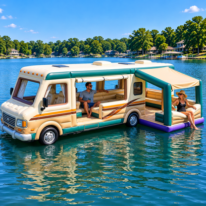 🚐🌊 Retro RV Inflatable Lake Float Lounge – Giant Floating Party & Relaxation Platform with Shaded Rear Deck ☀️