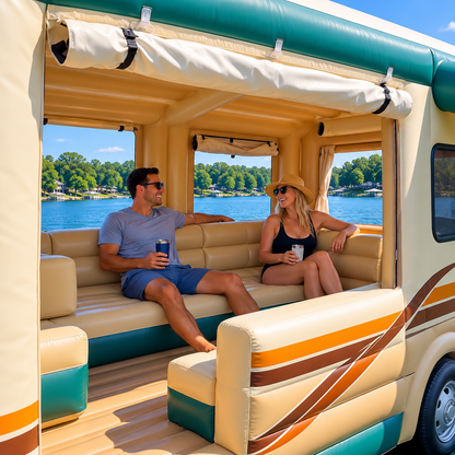 🚐🌊 Retro RV Inflatable Lake Float Lounge – Giant Floating Party & Relaxation Platform with Shaded Rear Deck ☀️