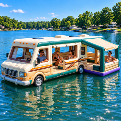 🚐🌊 Retro RV Inflatable Lake Float Lounge – Giant Floating Party & Relaxation Platform with Shaded Rear Deck ☀️