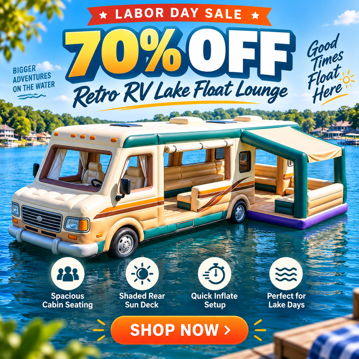 🚐🌊 Retro RV Inflatable Lake Float Lounge – Giant Floating Party & Relaxation Platform with Shaded Rear Deck ☀️