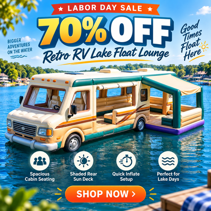 🚐🌊 Retro RV Inflatable Lake Float Lounge – Giant Floating Party & Relaxation Platform with Shaded Rear Deck ☀️