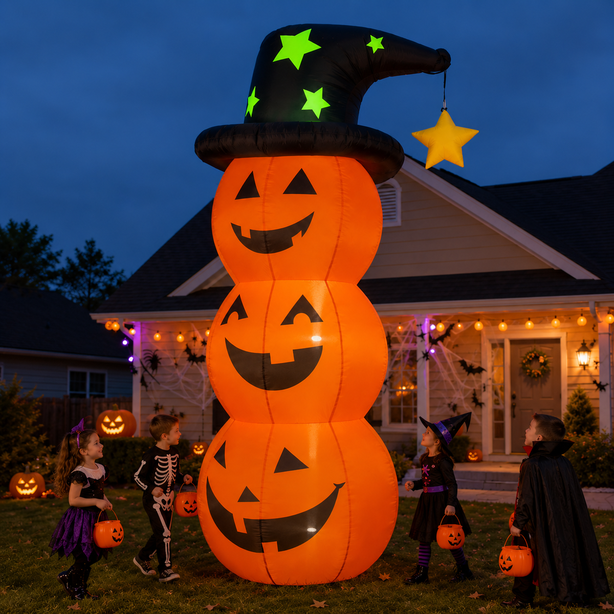 🎃 Giant Inflatable Halloween Pumpkin Stack with Witch Hat & Lights – Outdoor Yard Decoration 👻