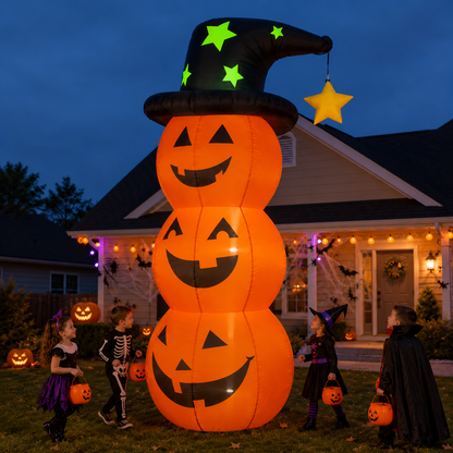 🎃 Giant Inflatable Halloween Pumpkin Stack with Witch Hat & Lights – Outdoor Yard Decoration 👻