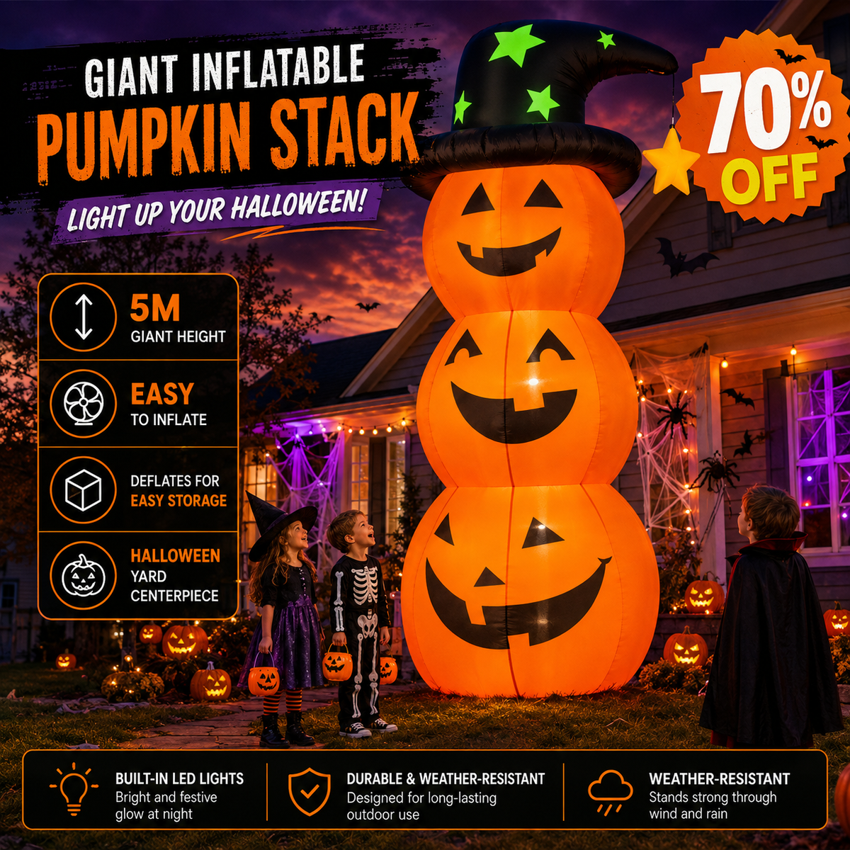 🎃 Giant Inflatable Halloween Pumpkin Stack with Witch Hat & Lights – Outdoor Yard Decoration 👻