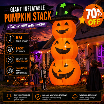 🎃 Giant Inflatable Halloween Pumpkin Stack with Witch Hat & Lights – Outdoor Yard Decoration 👻