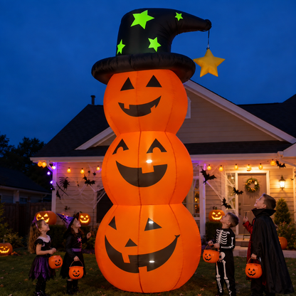 🎃 Giant Inflatable Halloween Pumpkin Stack with Witch Hat & Lights – Outdoor Yard Decoration 👻