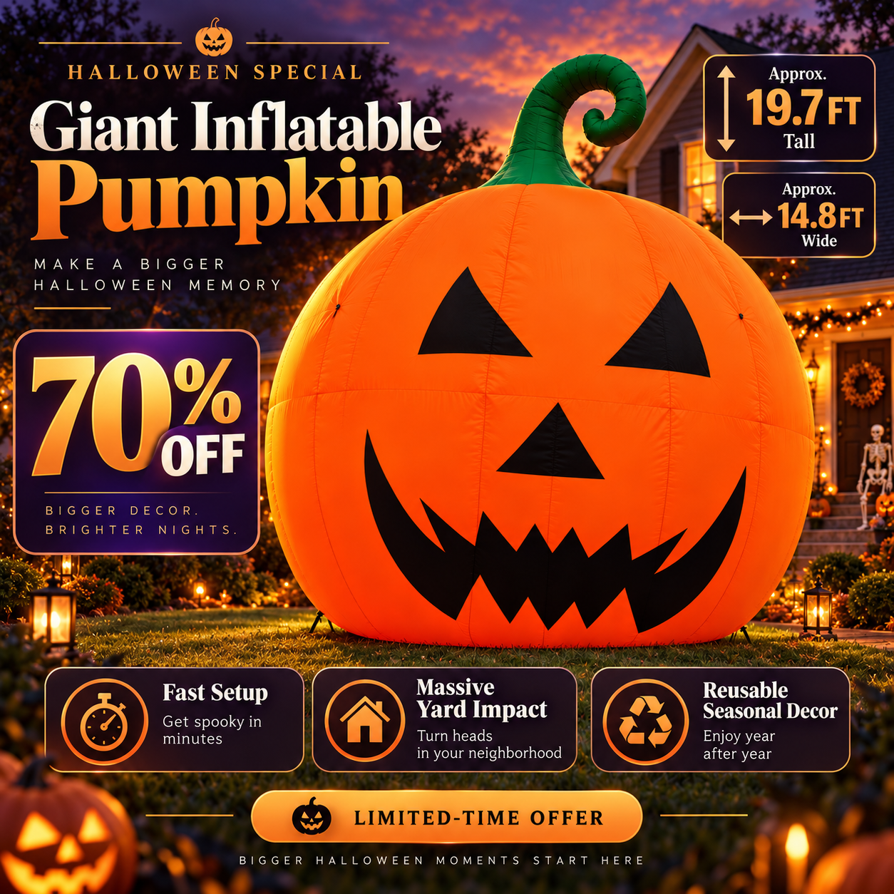 🎃 19.7FT Giant Halloween Pumpkin Inflatable 👻 – Oversized Jack-O’-Lantern Yard Display